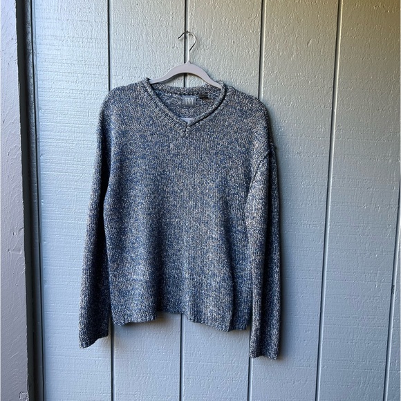 IVY Sweaters - IVY Blue Gray White Silk Blend Classic V-Neck Fall Winter Office Casual Sweater